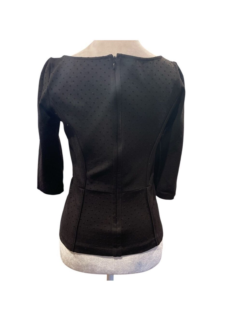White House Black Market Black Swiss Dot Peplum Top Back Zip 3/4 Sleeve - Picture 4 of 7